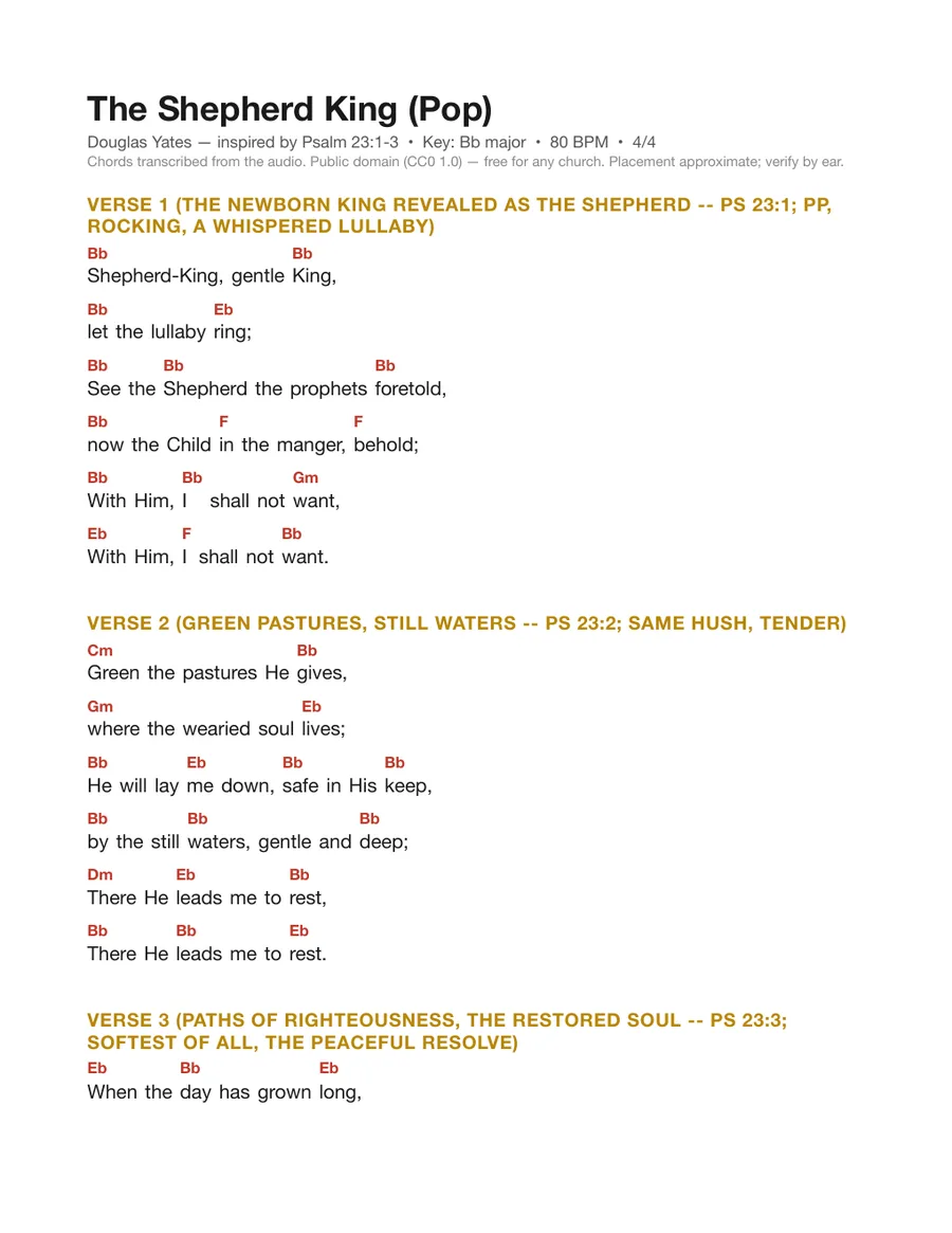 First page of the The Shepherd King (Pop) chord chart