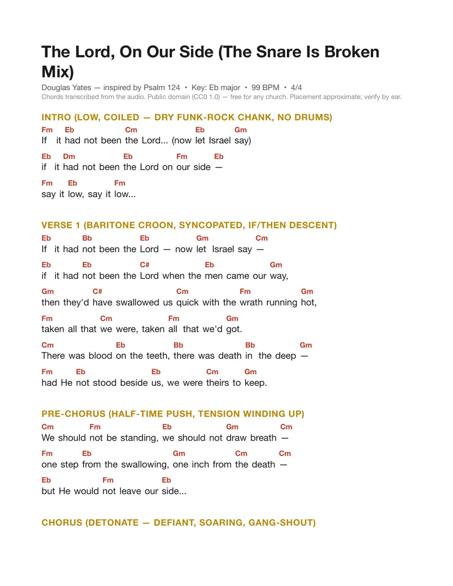 First page of the The Lord, On Our Side (The Snare Is Broken Mix) chord chart