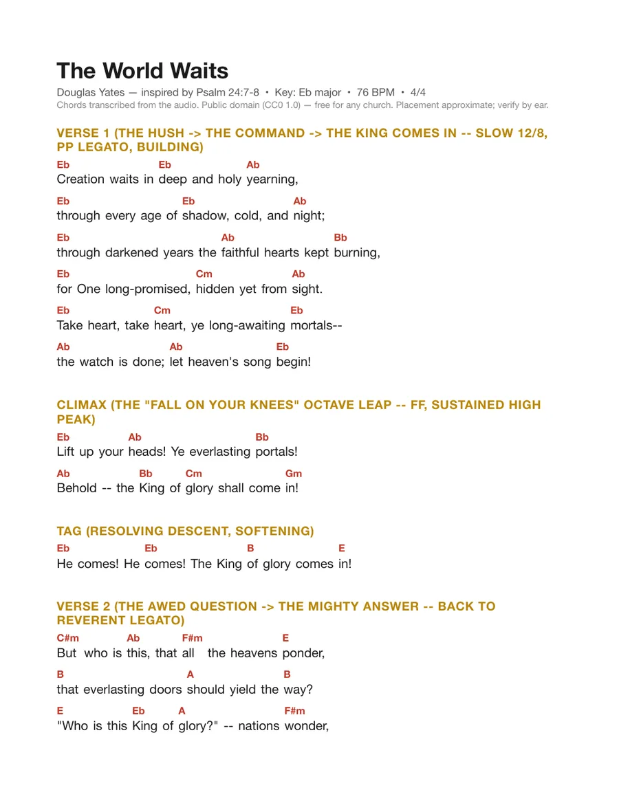 First page of the The World Waits chord chart
