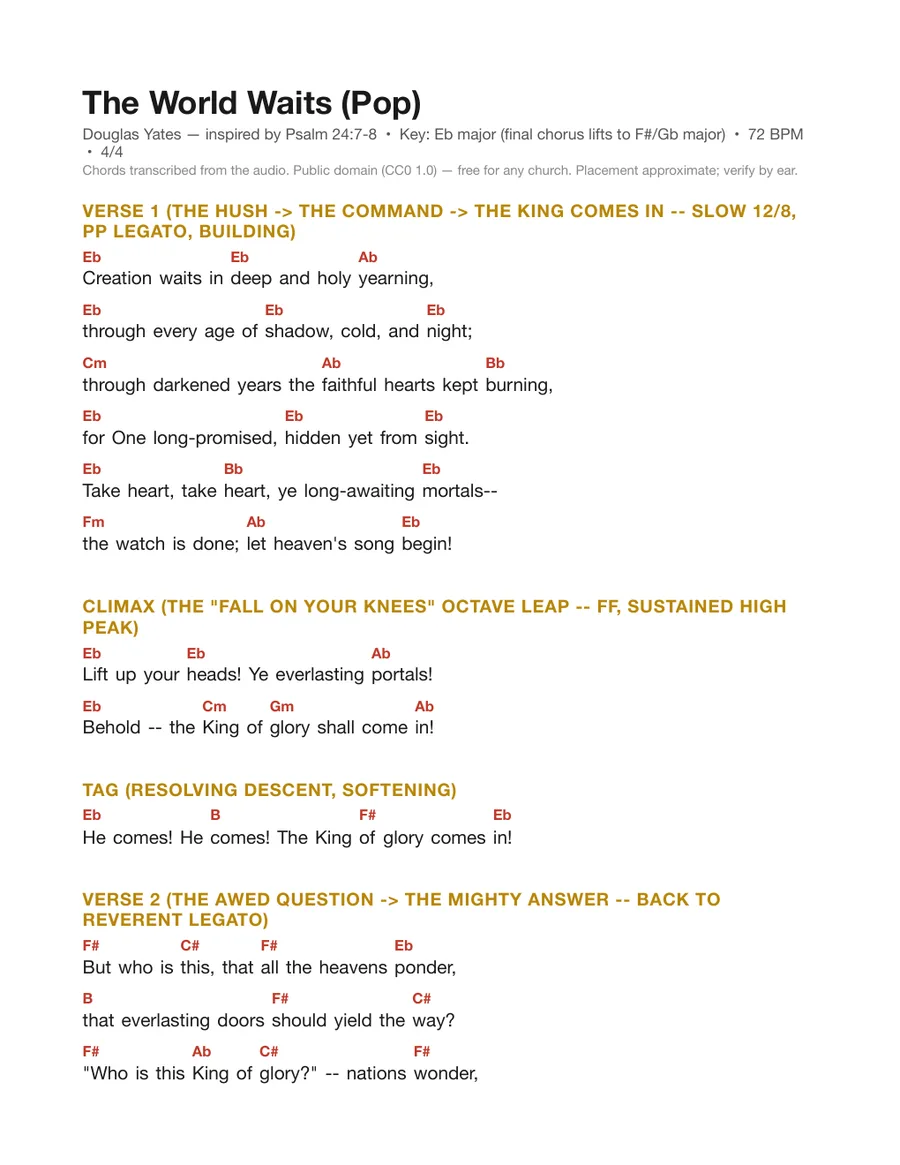 First page of the The World Waits (Pop) chord chart