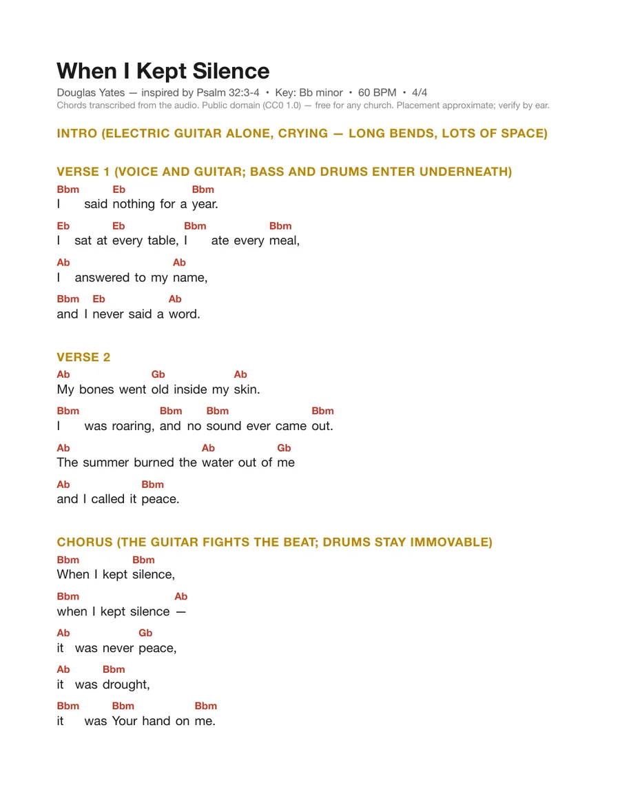 First page of the When I Kept Silence chord chart