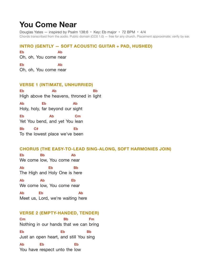 First page of the You Come Near chord chart