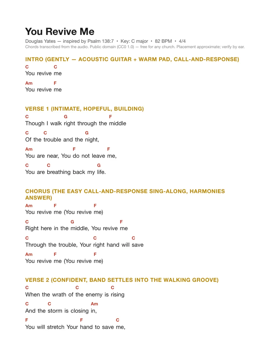 First page of the You Revive Me chord chart