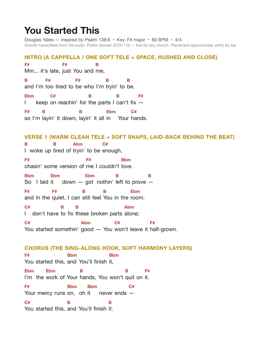 First page of the You Started This chord chart